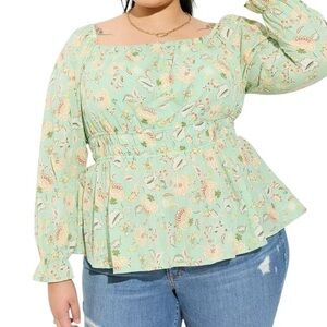 NWT Torrid Plus Size Cotton Clip Dot Blouson Sleeve Smocked Top in mint green